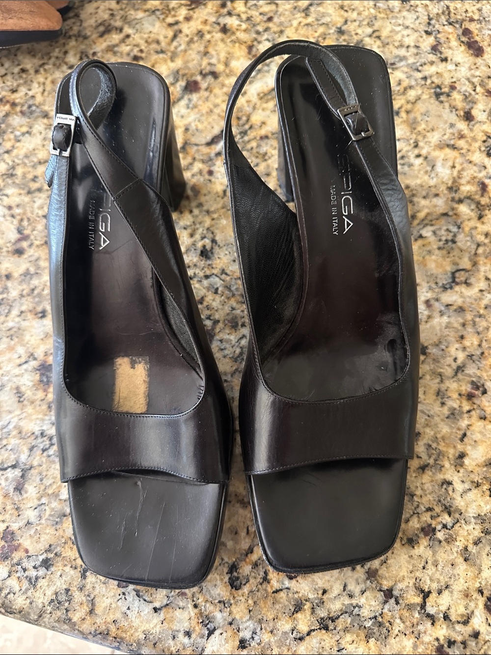 Via Spiga Black Leather Square-Toe Slingback Heels